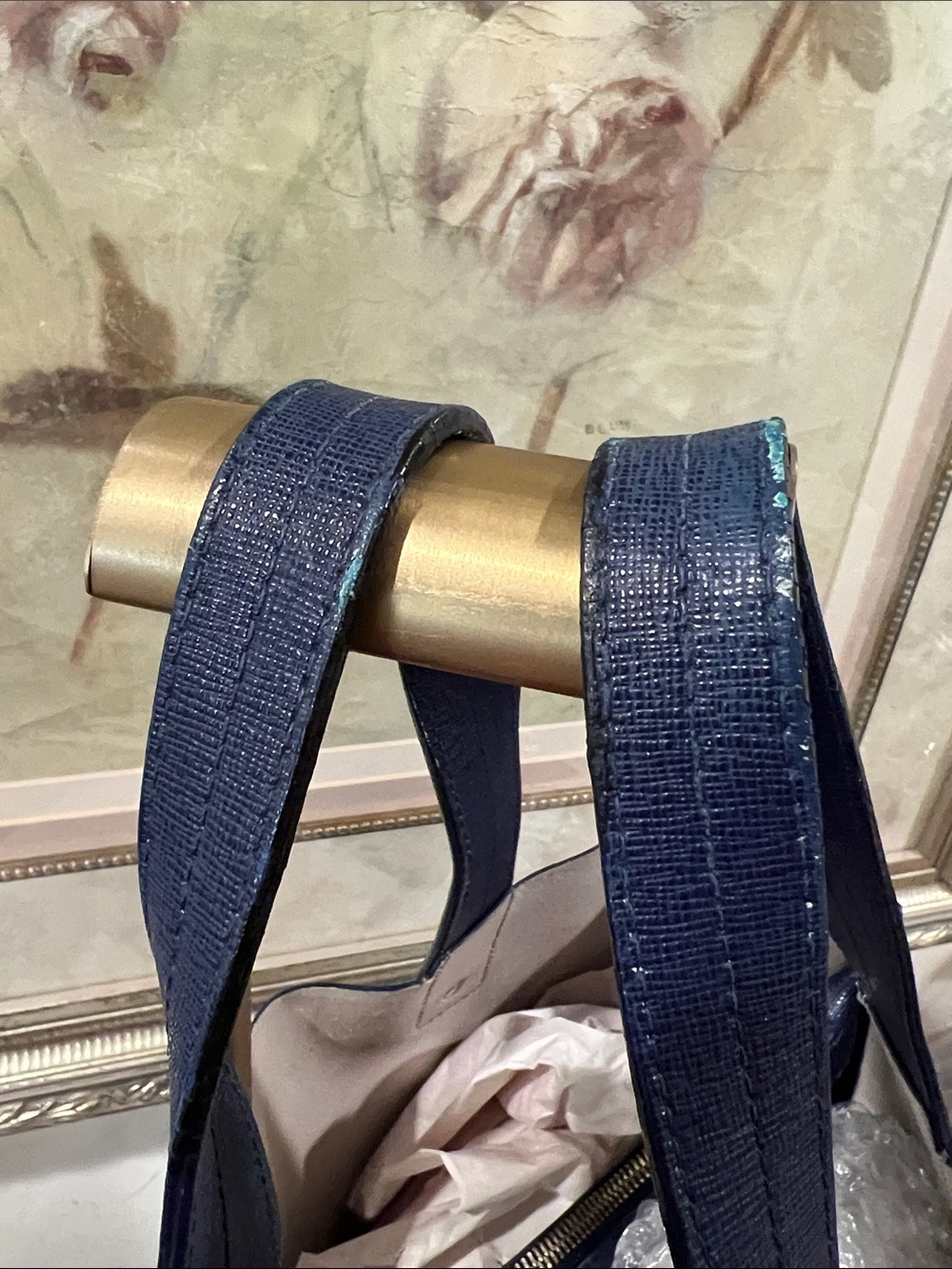 Furla Navy Structured Leather Satchel Tote - edge coat wear - Picture 7 of 14